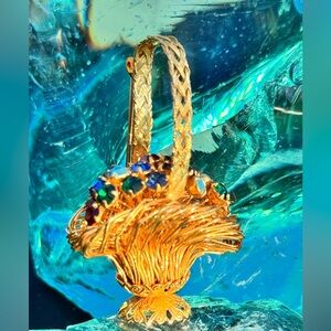 Vintage Gold-Tone Basket Brooch with Multi-Colored Rhinestones